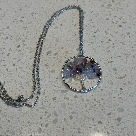 Crushed Stone Silver Color Tree Of Life Necklace - Picture 2 of 9